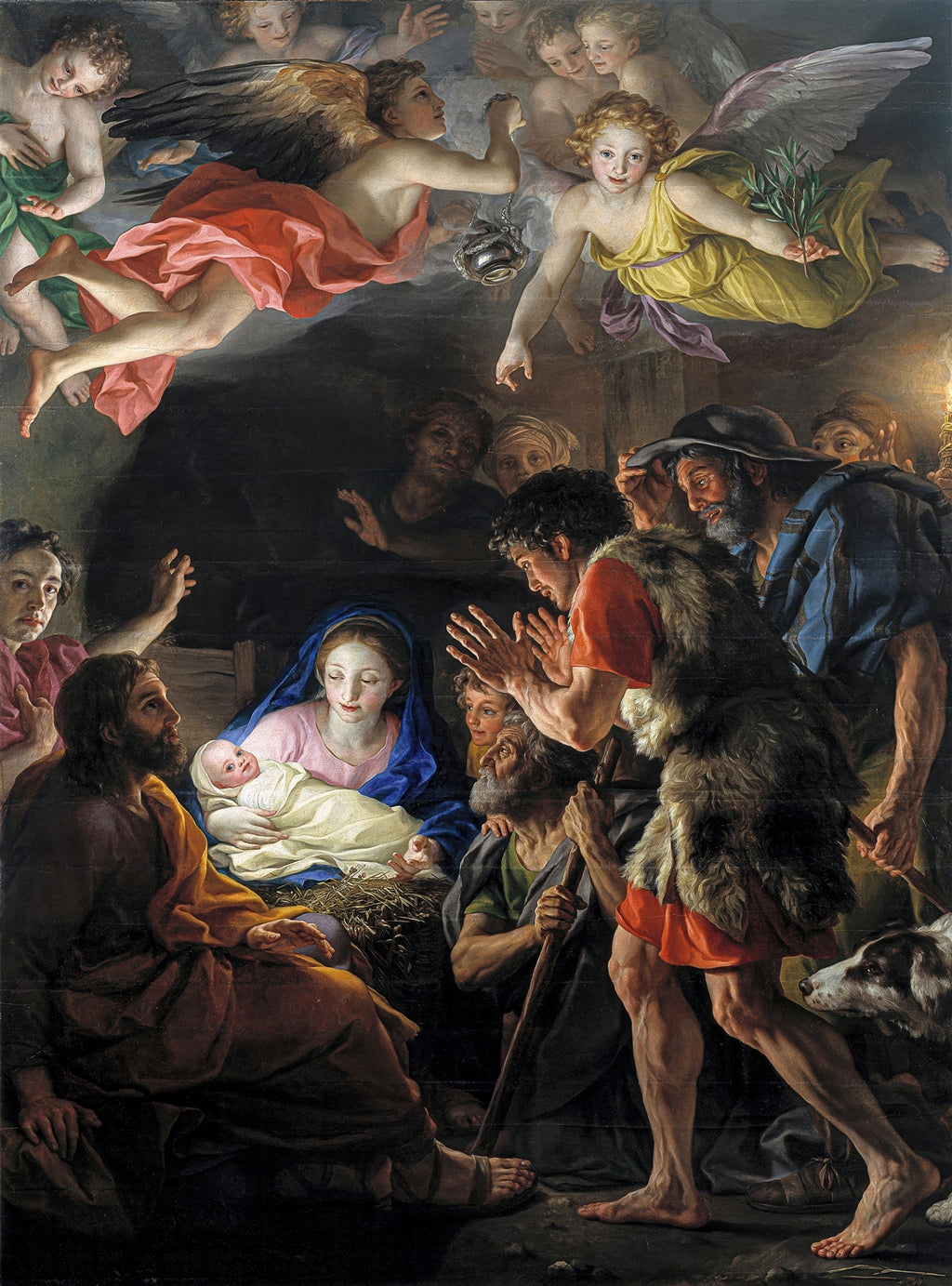 Quadro decorativo "A Adoração dos Pastores" de Anton Raphael Mengs, mostrando Maria, José e pastores admirando o bebê Jesus, com anjos no topo.
