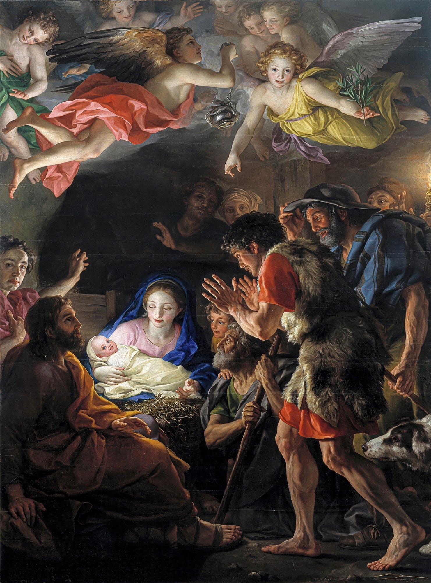 Quadro decorativo "A Adoração dos Pastores" de Anton Raphael Mengs, mostrando Maria, José e pastores admirando o bebê Jesus, com anjos no topo.