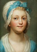 Retrato de uma jovem mulher com touca branca e laço azul, pintado por Anton Raphael Mengs. Ela tem cabelo loiro claro, olhos azuis e bochechas rosadas, com uma expressão gentil e serena.
