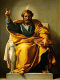 Quadro decorativo do santo São Pedro, pintado por Anton Raphael Mengs, sentado e segurando chaves, com uma chama sobre a cabeça e um leão esculpido ao lado, em estilo neoclássico.
