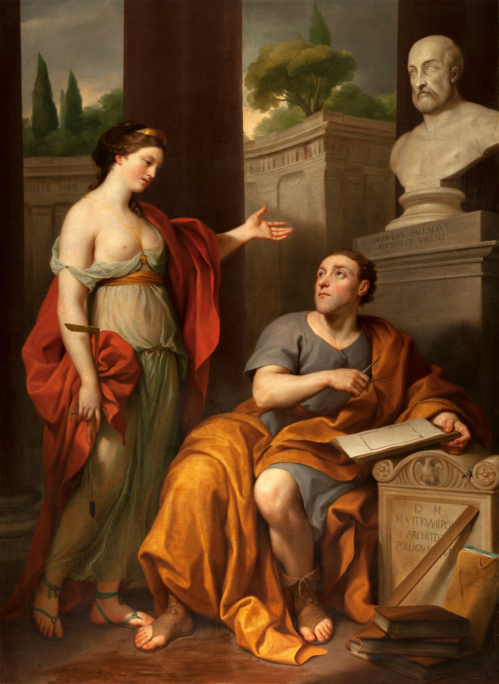Quadro decorativo 'Apollo and the Muse of Architecture' de Anton Raphael Mengs, mostrando Apolo e uma musa em um cenário clássico, com busto de Palladio ao fundo.