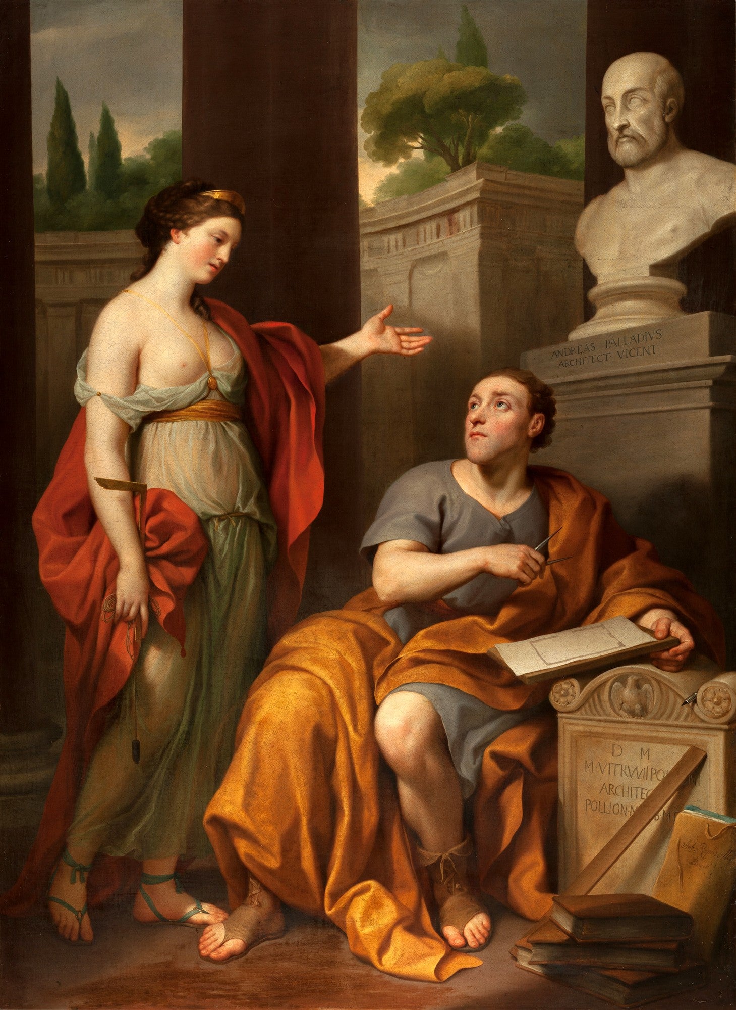 Quadro decorativo 'Apollo and the Muse of Architecture' de Anton Raphael Mengs, mostrando Apolo e uma musa em um cenário clássico, com busto de Palladio ao fundo.