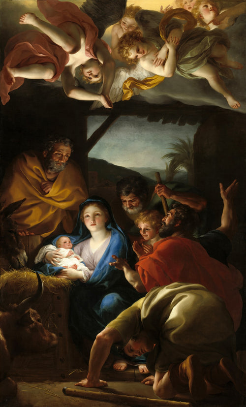 Quadro decorativo 'A Adoração dos Pastores' de Anton Raphael Mengs, exibindo a Virgem Maria com o Menino Jesus, São José, pastores ajoelhados e anjos no céu em tons quentes e azuis.