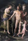 Pintura a óleo "Perseu e Andrômeda" de Anton Raphael Mengs, mostrando Perseu nu com elmo e espada, Andrômeda seminu vestida com véu transparente, um putto com asas e o cavalo Pégaso, com a cabeça do monstro marinho ao chão. Cores suaves e composição clássica.