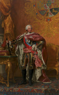 Retrato de corpo inteiro de Carlos III, Rei da Espanha, pintado por Anton Raphael Mengs. O monarca está vestido com trajes reais suntuosos, armadura dourada e uma capa vermelha forrada de arminho, segurando um bastão de comando. Ao fundo, cortinas douradas e um brasão de armas. O estilo é neoclássico, com riqueza de detalhes e cores vibrantes, em uma pose imponente.
