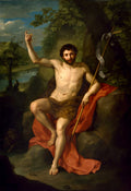 Quadro decorativo do pintor Anton Raphael Mengs, intitulado São João Batista no Deserto. A imagem apresenta um homem seminu, com um manto de pele e um tecido vermelho, sentado em rochas com um cajado, apontando para o céu. Ao fundo, uma paisagem natural com árvores, rio e céu azul. A iluminação destaca a figura central.