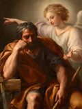 Quadro decorativo do Sonho de São José de Anton Raphael Mengs, com São José pensativo e um anjo apontando.