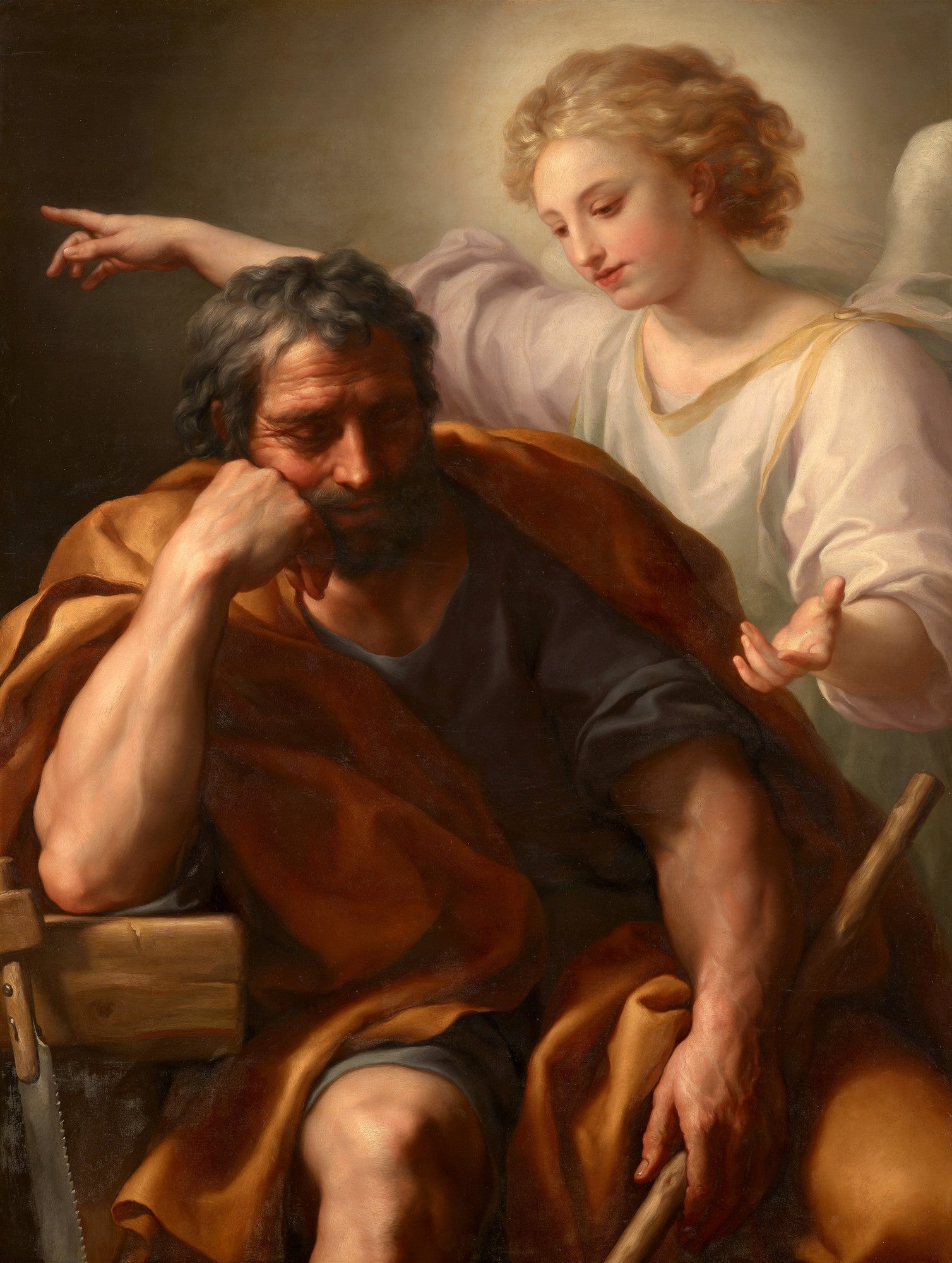 Quadro decorativo do Sonho de São José de Anton Raphael Mengs, com São José pensativo e um anjo apontando.