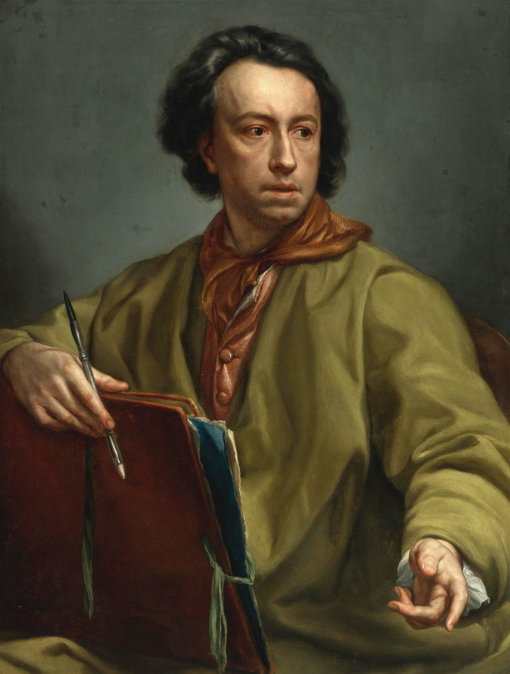 Quadro decorativo com um retrato a óleo de Anton Raphael Mengs, mostrando um homem jovem de cabelo escuro, vestindo um robe verde-oliva e lenço cor de ferrugem, segurando um pincel e um caderno de esboços, com um olhar pensativo.
