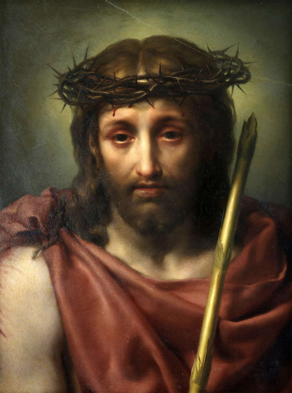 Quadro de Anton Raphael Mengs, "Ecce Homo", mostrando o busto de Cristo com a coroa de espinhos e um manto vermelho, olhos expressivos e um cajado dourado ao lado, com fundo escuro. A obra transmite uma profunda emoção e serenidade.