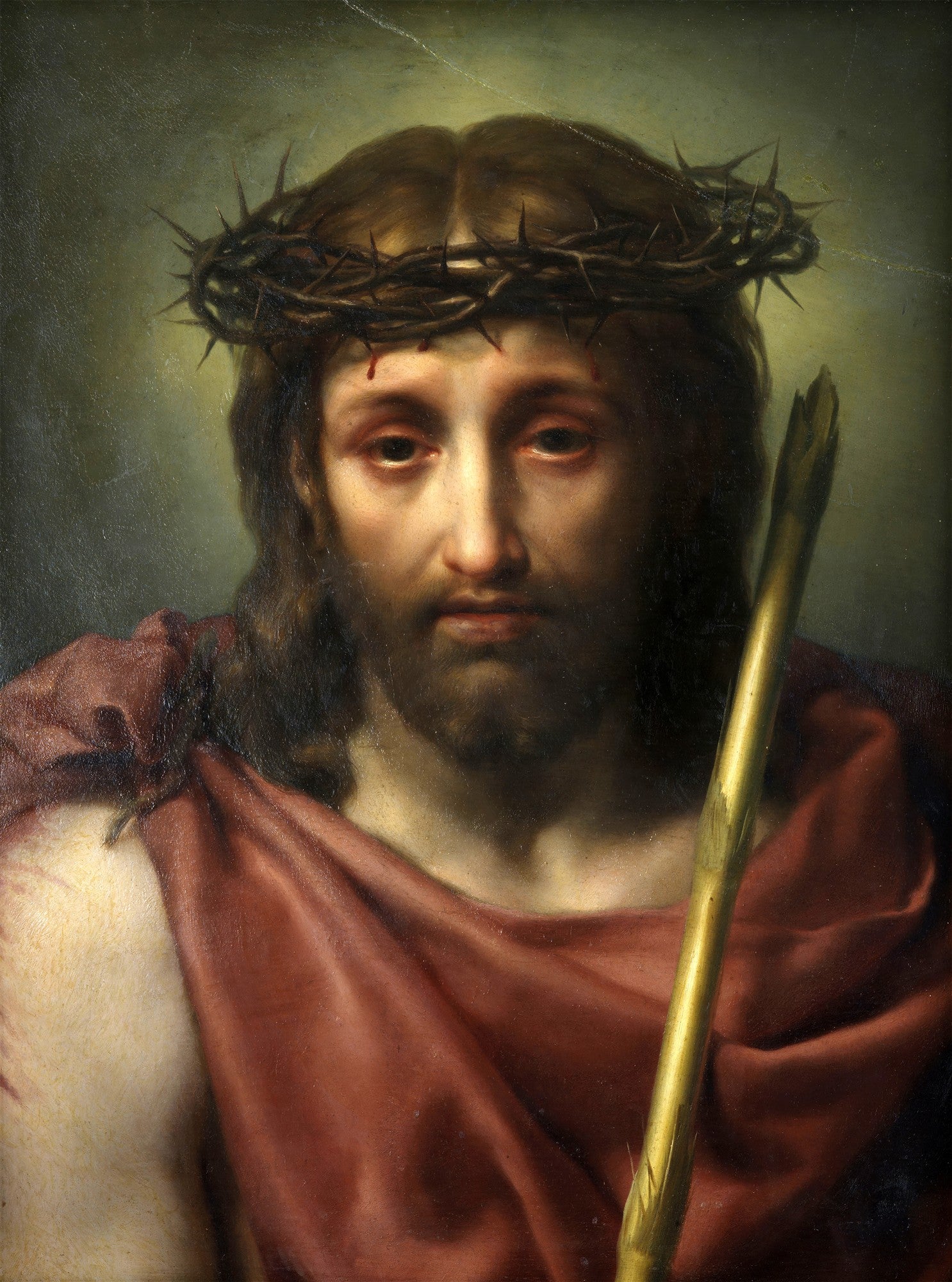 Quadro de Anton Raphael Mengs, "Ecce Homo", mostrando o busto de Cristo com a coroa de espinhos e um manto vermelho, olhos expressivos e um cajado dourado ao lado, com fundo escuro. A obra transmite uma profunda emoção e serenidade.
