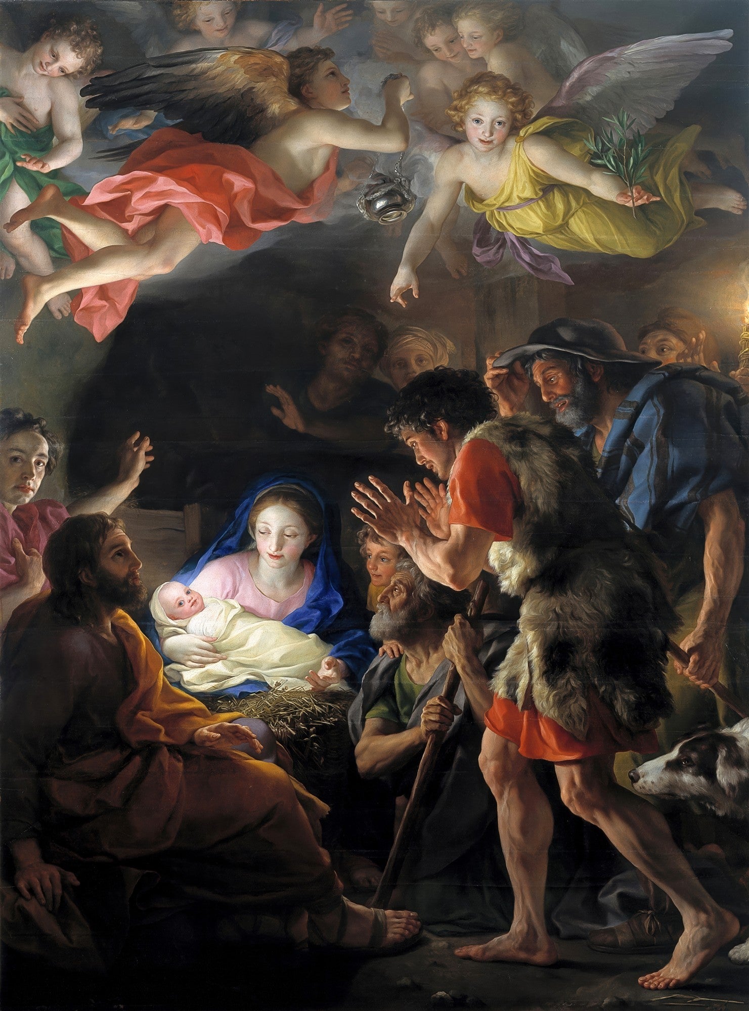 Quadro decorativo A Adoração dos Pastores de Anton Raphael Mengs, retratando o nascimento de Jesus com Maria, José, pastores e anjos celestiais em uma cena de devoção e luz dramática.