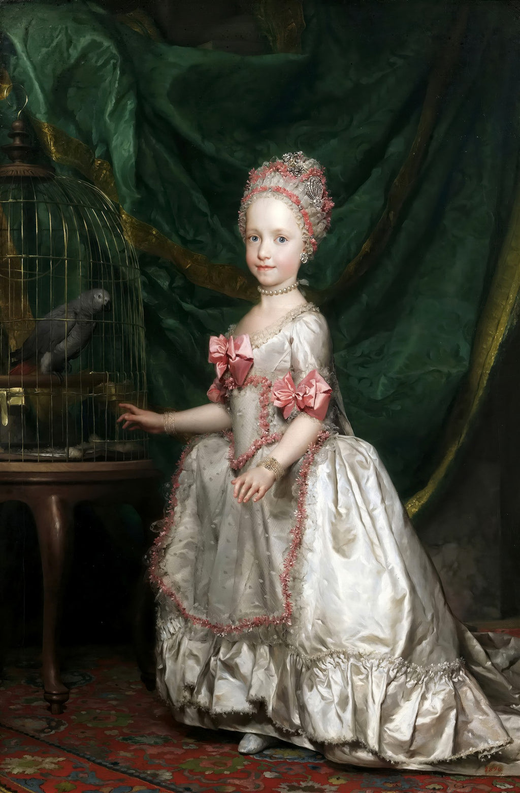 Retrato de uma jovem infanta com vestido de seda branco e laços rosados, segurando a gaiola de um papagaio cinza, com cortina verde ao fundo. Obra de Anton Raphael Mengs.