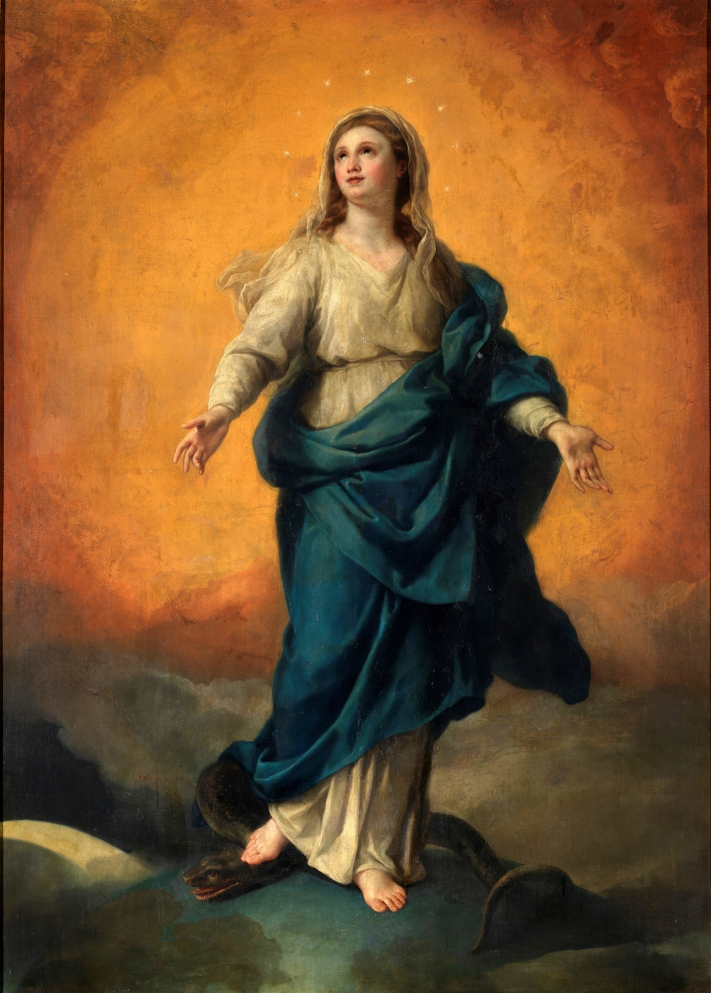 Quadro decorativo da Imaculada Conceição de Anton Raphael Mengs, retratando Maria em pé sobre uma nuvem e uma serpente, com um manto azul e um vestido claro, olhando para o alto com uma auréola de estrelas, em um fundo dourado.