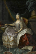 Retrato de Maria Amália de Saxe, Rainha da Espanha, pintado por Anton Raphael Mengs. A rainha senta-se em uma cadeira ricamente adornada, usando um vestido elegante e uma coroa, em um ambiente régio.