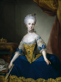 Retrato de Maria Luisa de Parma, obra de Anton Raphael Mengs. Jovem princesa com vestido azul e dourado, peruca branca e joias, sentada com um leque na mão, em pose formal.
