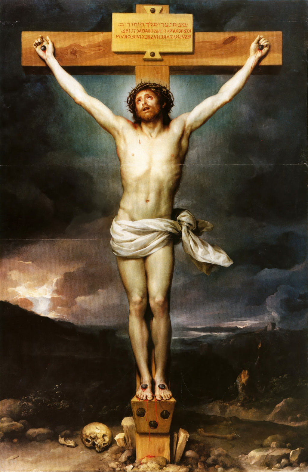 Quadro decorativo A Crucificação de Anton Raphael Mengs, com Jesus Cristo na cruz, céu dramático e paisagem sombria.