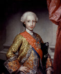 Retrato do Infante Dom Luís de Bourbon, um jovem de peruca branca e vestes luxuosas, pintado por Anton Raphael Mengs. O quadro decorativo mostra um menino com olhar sereno, trajando casaco dourado brocado, faixa vermelha e medalhas, em estilo neoclássico.