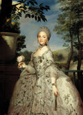 Retrato de uma jovem dama aristocrática com vestido ricamente decorado, segurando uma flor, em um cenário de jardim. Obra de Anton Raphael Mengs.