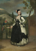 Retrato de uma dama em vestido preto e branco com um papagaio escarlate e azul em uma varanda com paisagem ao fundo, obra de Anton Raphael Mengs.