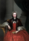 Retrato de uma mulher nobre sentada, vestindo um vestido vermelho e casaco de renda preta, segurando um livro, com colunas ao fundo.