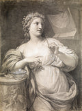 Desenho em grafite e giz de uma figura feminina coroada de flores, segurando um instrumento e com um relógio de sol ao fundo, atribuído a Anton Raphael Mengs.