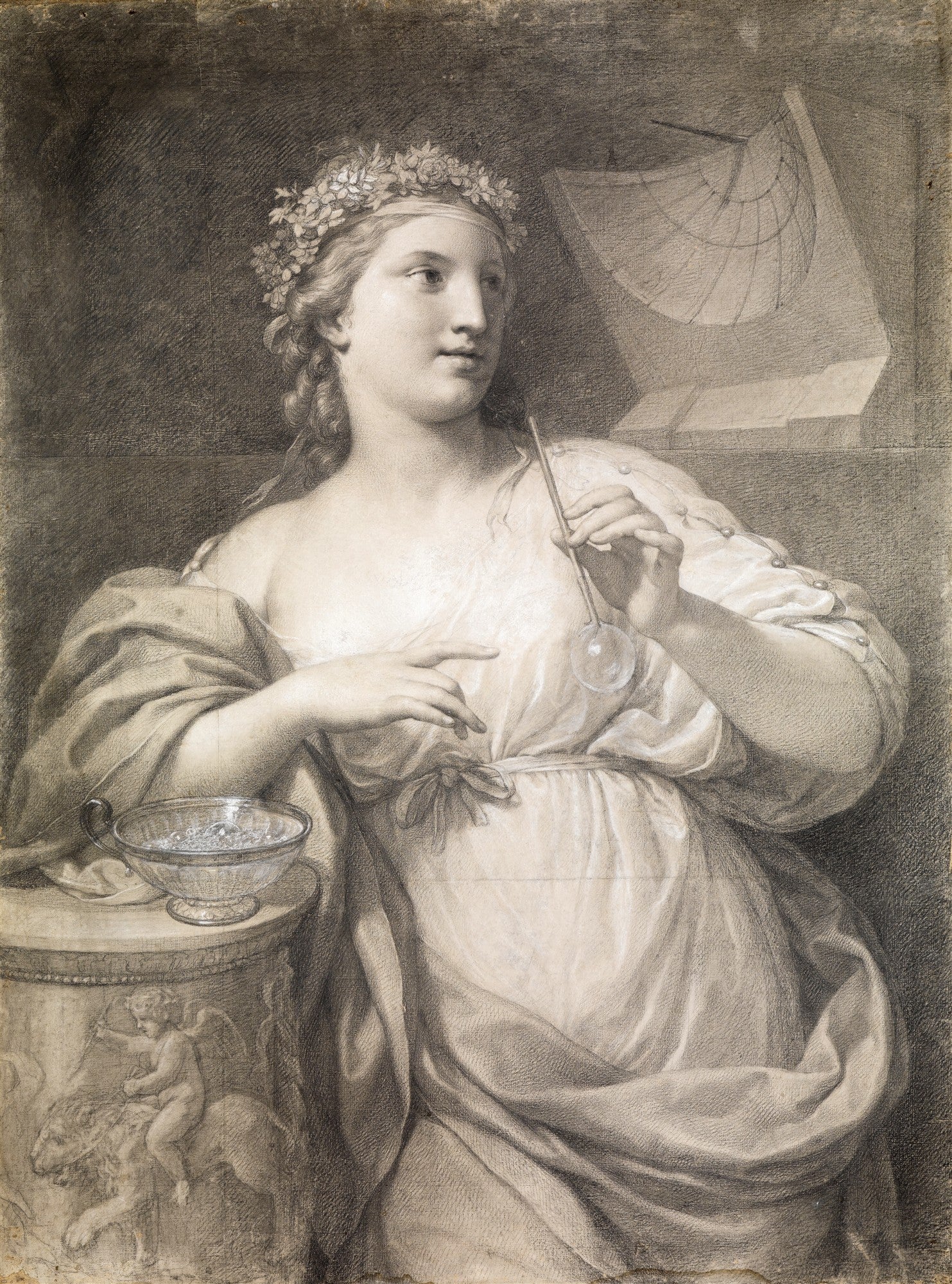 Desenho em grafite e giz de uma figura feminina coroada de flores, segurando um instrumento e com um relógio de sol ao fundo, atribuído a Anton Raphael Mengs.