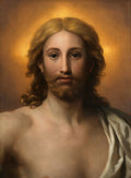Quadro decorativo de Ecce Homo, retrato de Jesus Cristo com cabelos longos e barba, em tons quentes, atribuído a Anton Raphael Mengs