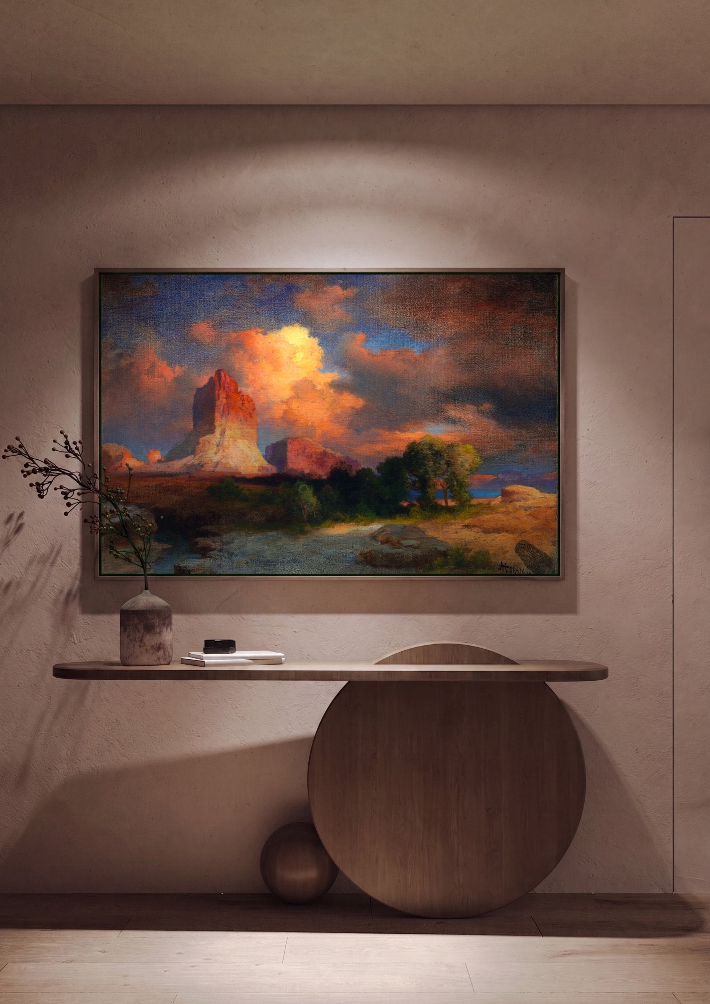 Quadro Decorativo Paisagem Desértica ao Pôr do Sol - Thomas Moran em ambiente decorado