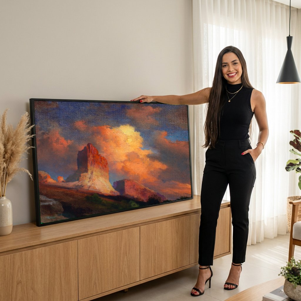 Quadro Decorativo Paisagem Desértica ao Pôr do Sol - Thomas Moran com modelo em ambiente