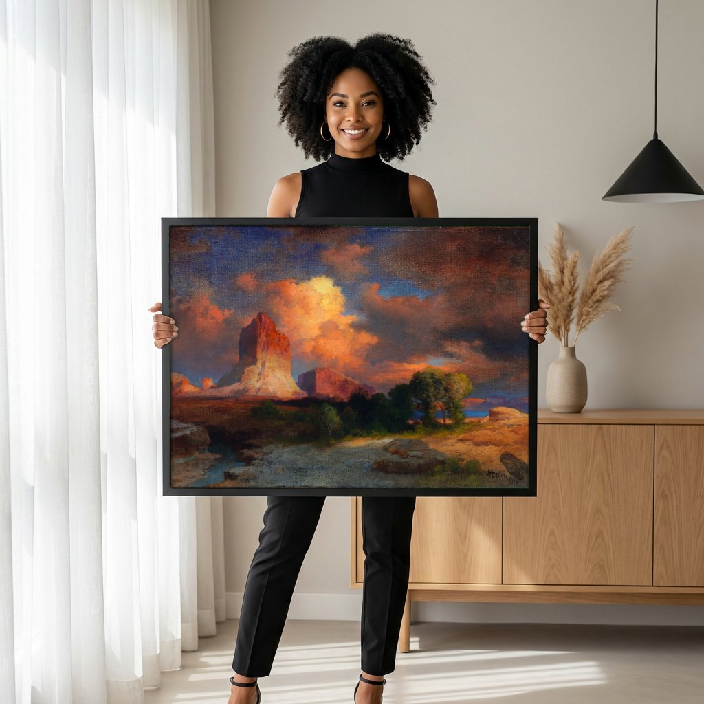 Quadro Decorativo Paisagem Desértica ao Pôr do Sol - Thomas Moran com modelo em ambiente