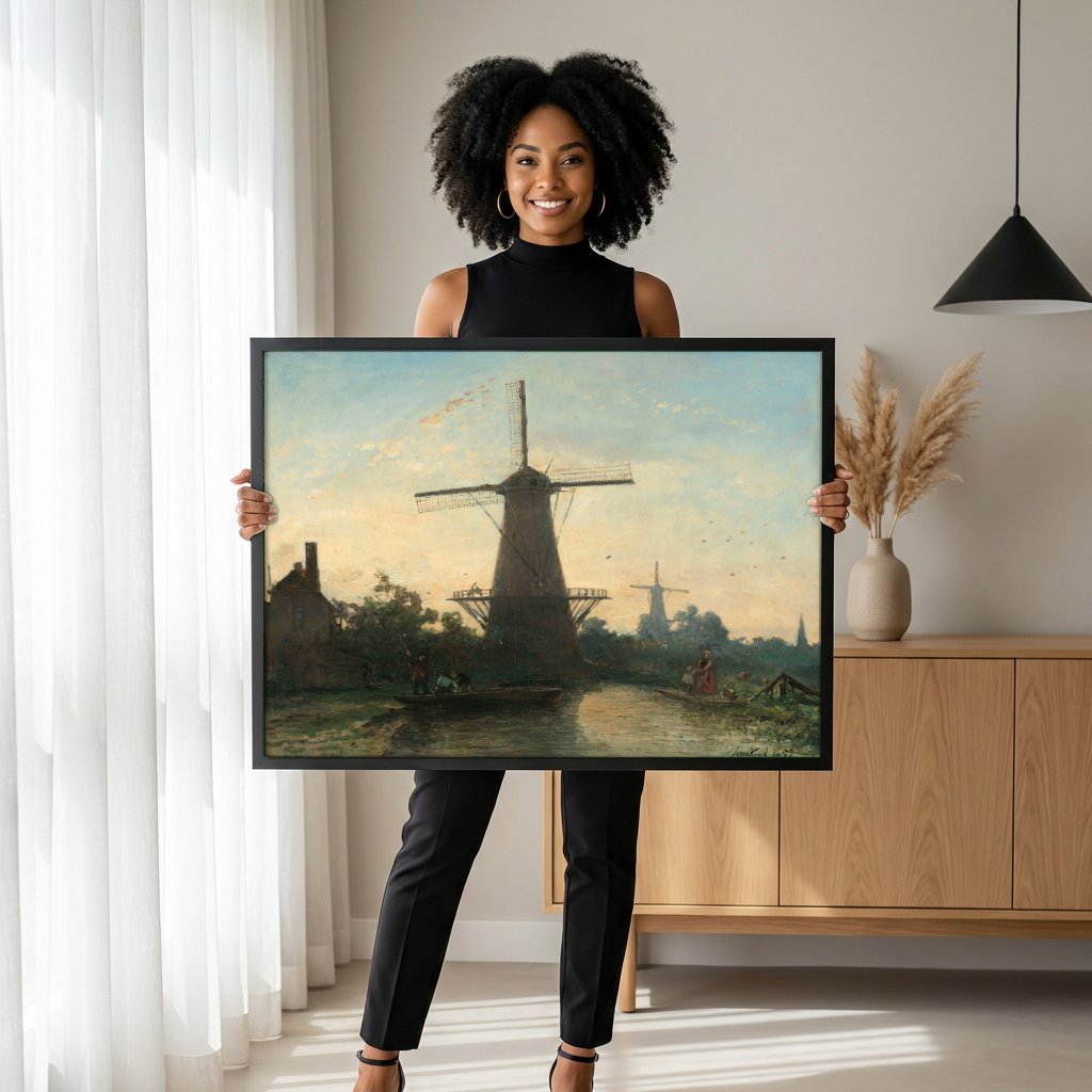 Quadro Decorativo Moinhos Holandeses ao Entardecer - Jongkind com modelo em ambiente