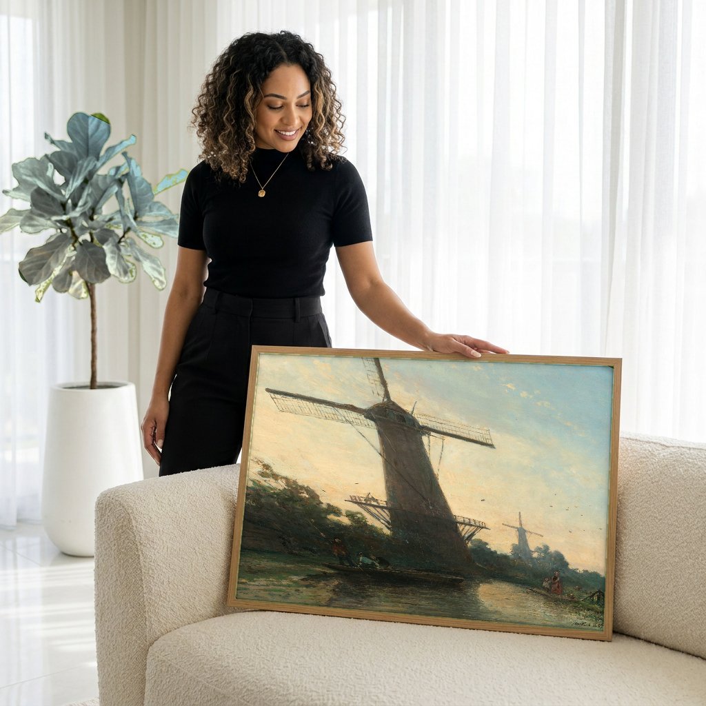 Quadro Decorativo Moinhos Holandeses ao Entardecer - Jongkind com modelo em ambiente
