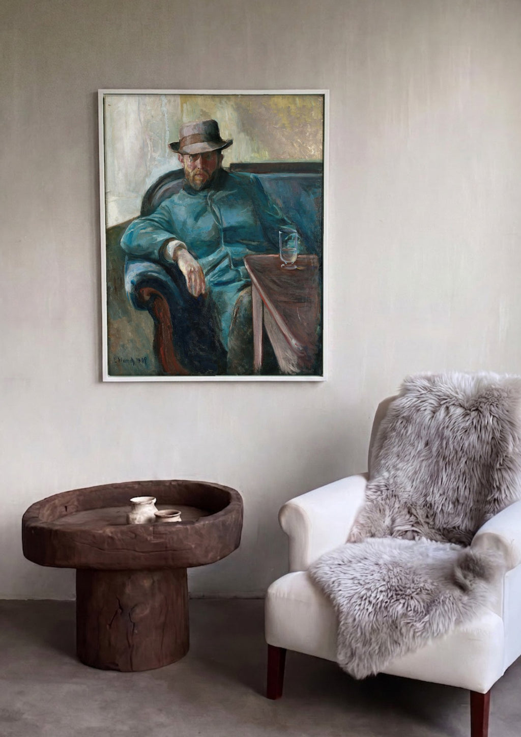 Quadro Decorativo Autorretrato com Chapéu – Edvard Munch em ambiente decorado