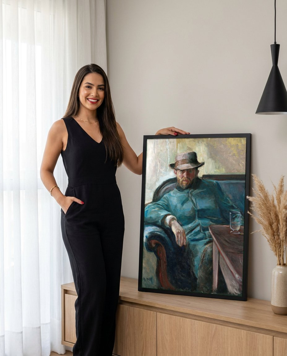 Quadro Decorativo Autorretrato com Chapéu – Edvard Munch com modelo em ambiente