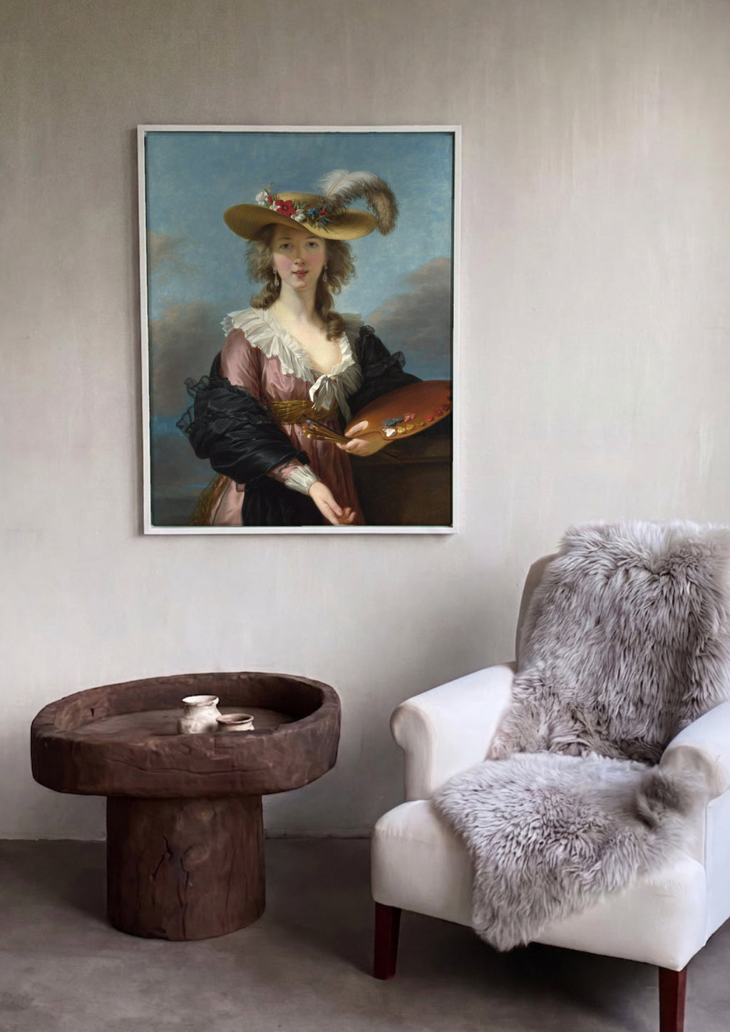 Quadro Decorativo Autorretrato com Chapéu de Palha - Vigée Le Brun em ambiente decorado