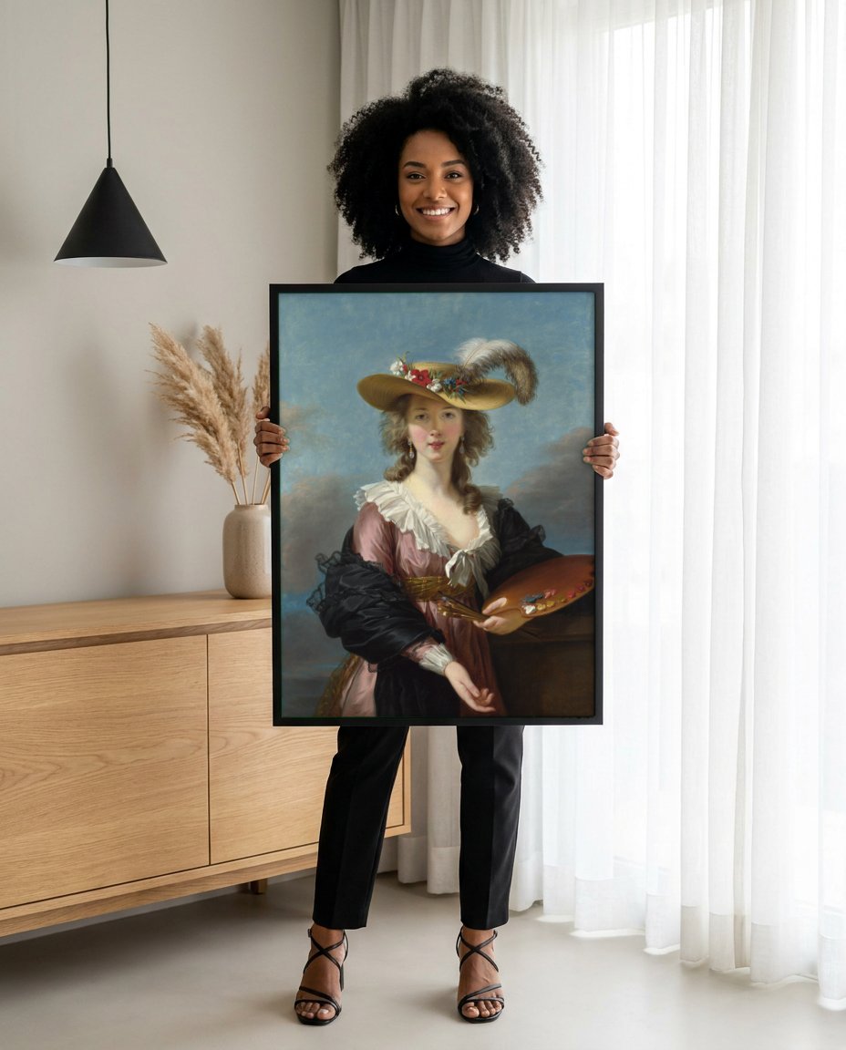 Quadro Decorativo Autorretrato com Chapéu de Palha - Vigée Le Brun com modelo em ambiente