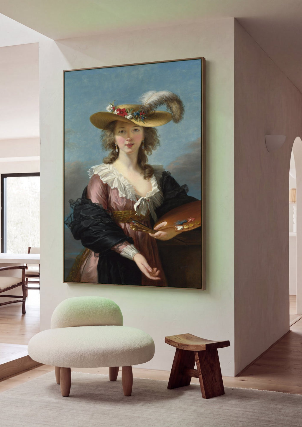 Quadro Decorativo Autorretrato com Chapéu de Palha - Vigée Le Brun em ambiente decorado