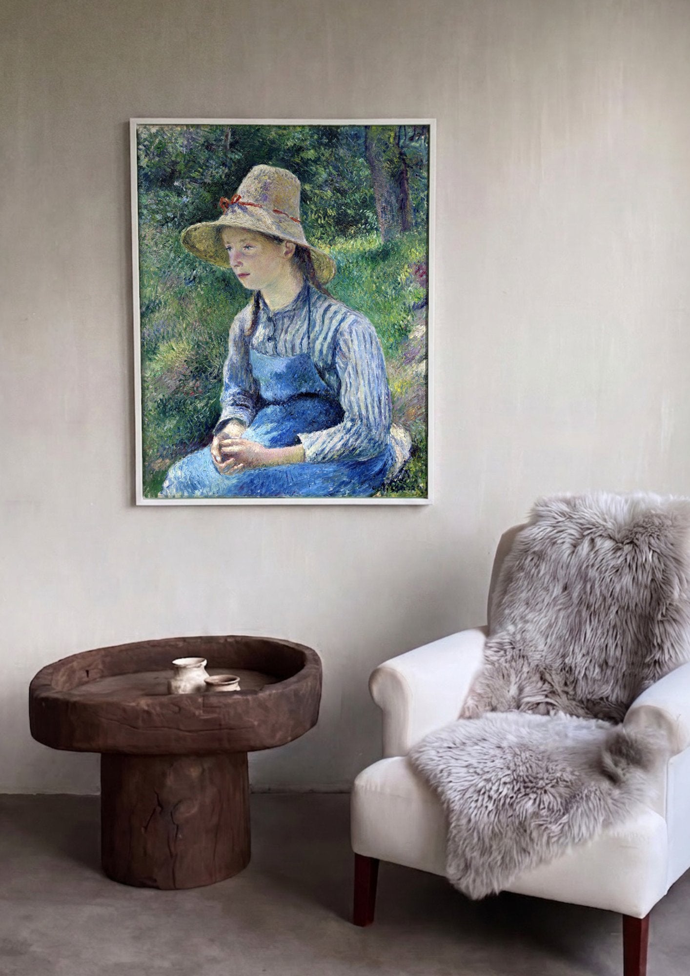 Quadro Decorativo Jovem Mulher com Chapéu de Palha - Pissarro em ambiente decorado