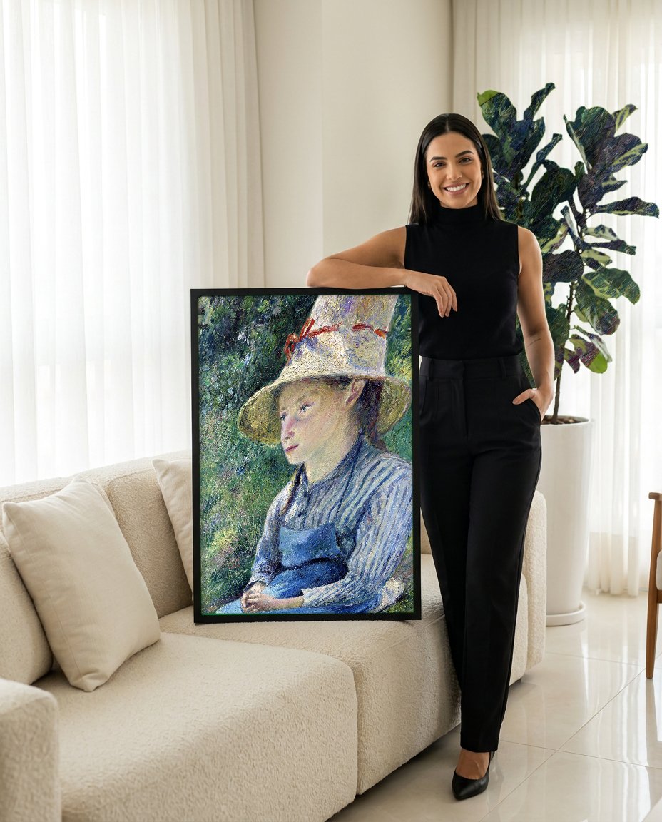 Quadro Decorativo Jovem Mulher com Chapéu de Palha - Pissarro com modelo em ambiente