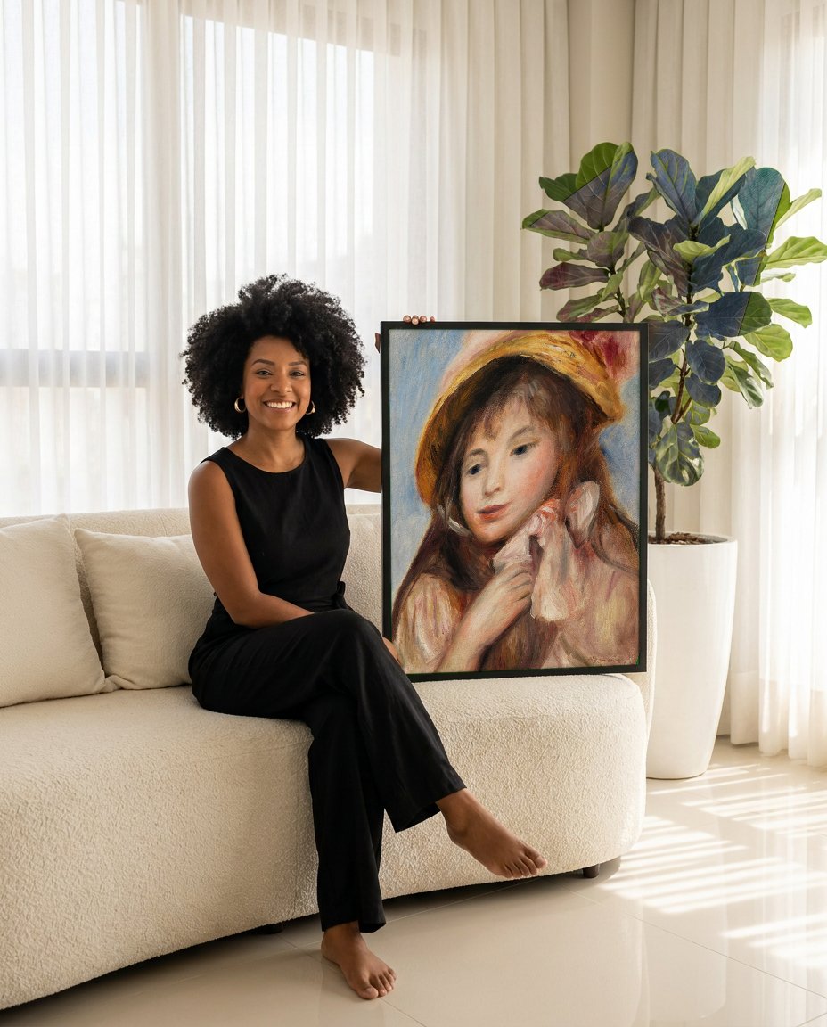 Quadro Decorativo Jovem Mulher com Chapeu - Renoir com modelo em ambiente