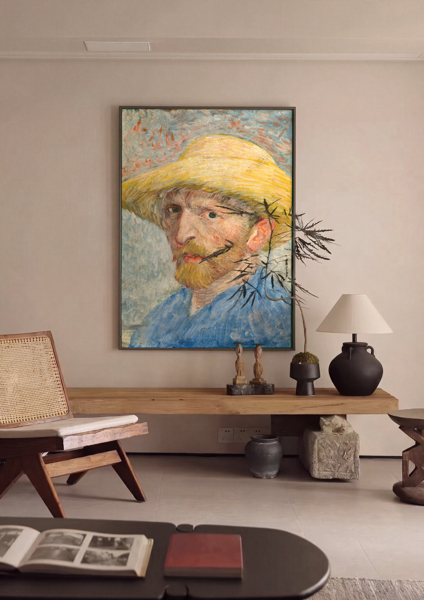 Quadro Decorativo Autorretrato com Chapéu de Palha - Van Gogh em ambiente decorado