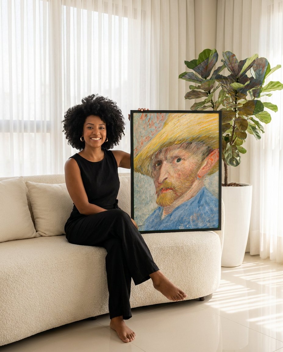 Quadro Decorativo Autorretrato com Chapéu de Palha - Van Gogh com modelo em ambiente