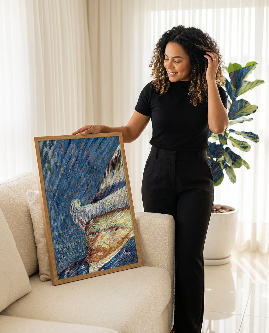 Quadro Decorativo Autorretrato com Chapéu de Palha - Van Gogh com modelo em ambiente