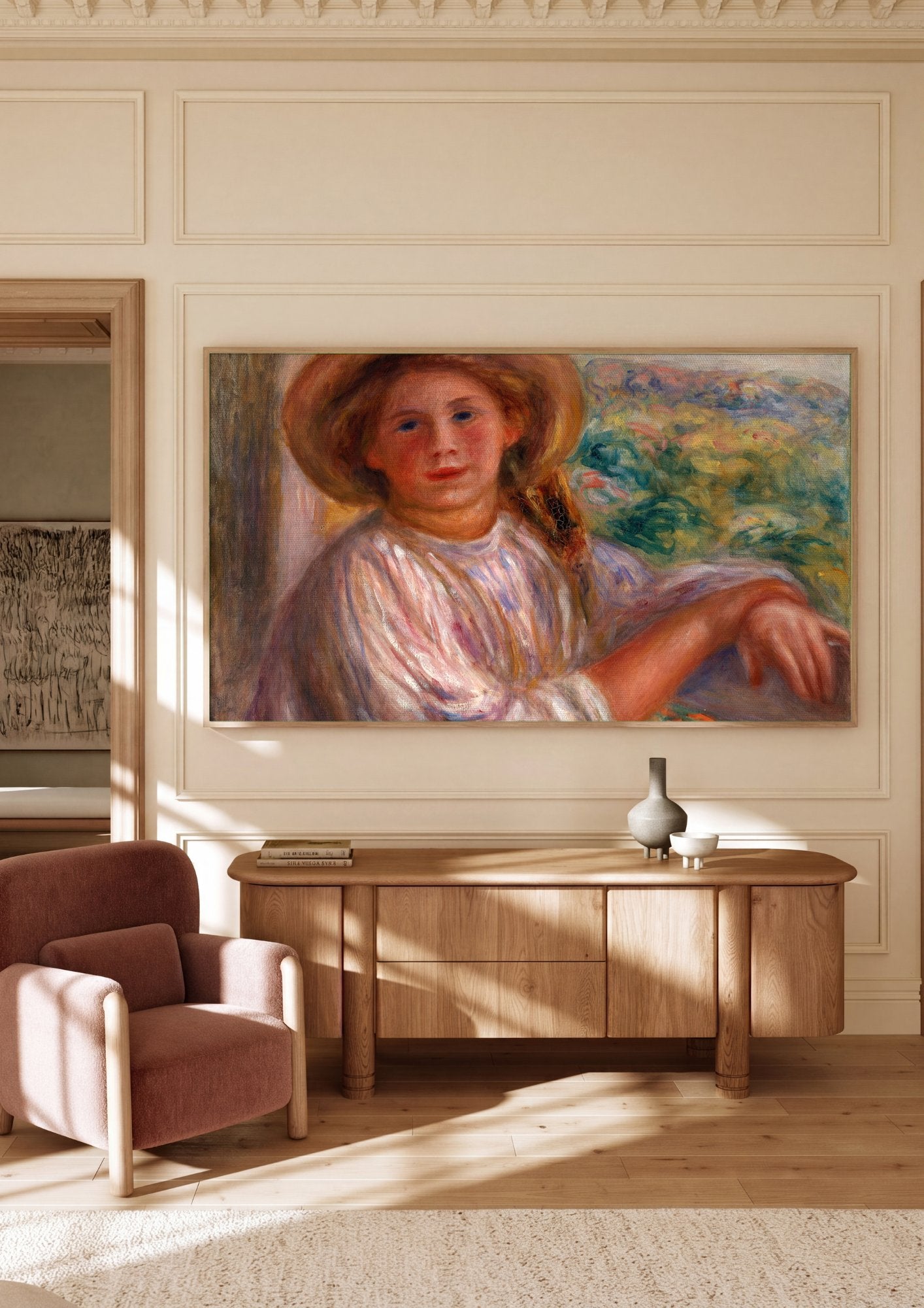 Quadro Decorativo Jovem Mulher com Chapeu - Renoir em ambiente decorado