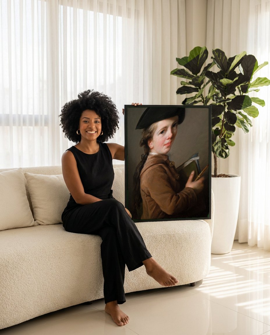 Quadro Decorativo Autorretrato com Chapéu - Vigée Le Brun com modelo em ambiente