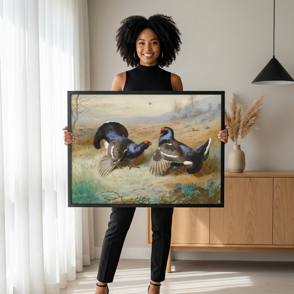 Quadro Decorativo: A Dança dos Grouses - Archibald Thorburn com modelo em ambiente