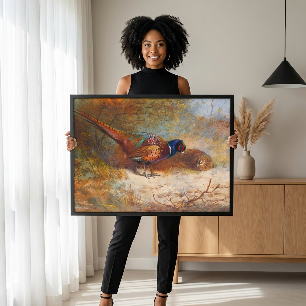 Quadro Decorativo Faisões na Natureza - Archibald Thorburn com modelo em ambiente