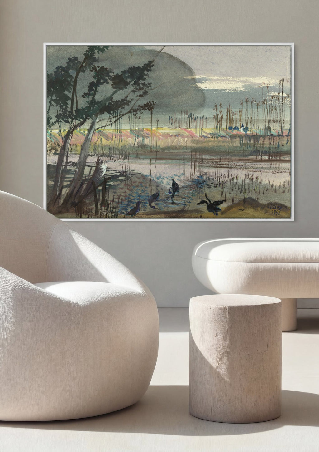 Quadro Decorativo Paisagem com Água e Árvores - Oskar Laske em ambiente decorado