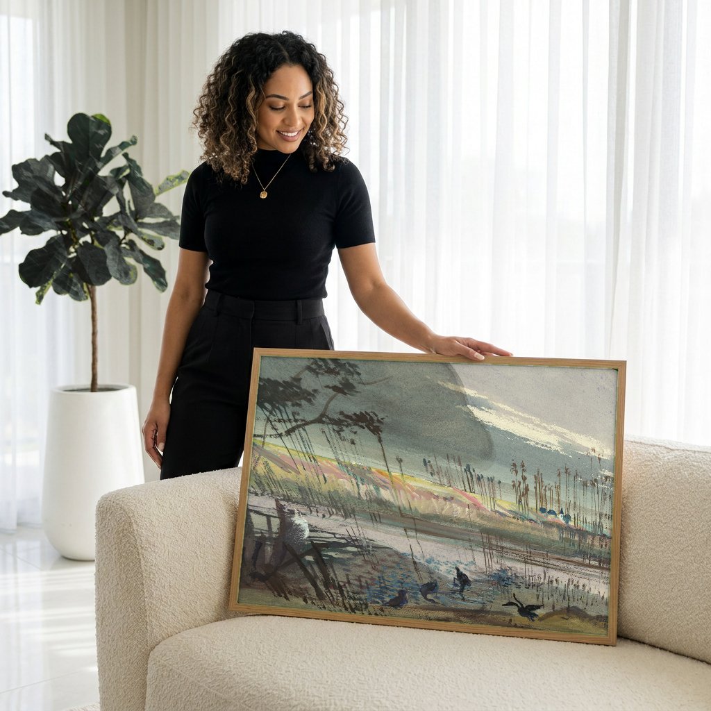 Quadro Decorativo Paisagem com Água e Árvores - Oskar Laske com modelo em ambiente
